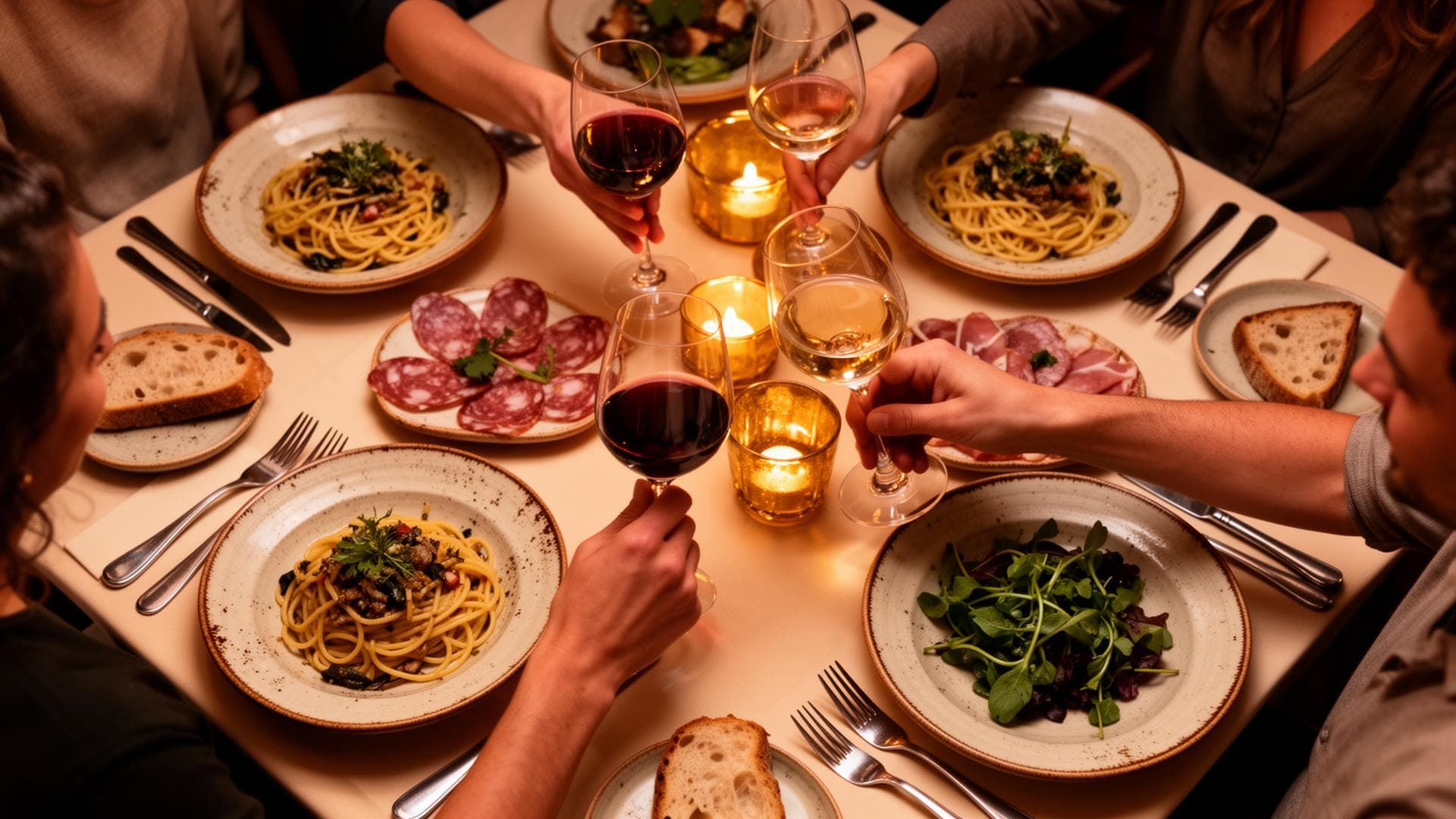 Friends sharing a candlelit dinner together